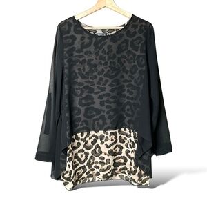 K d. BEAUTIFUL Poly Chiffon Animal Print Blouse w/ Black Chiffon Overlay Sz XL